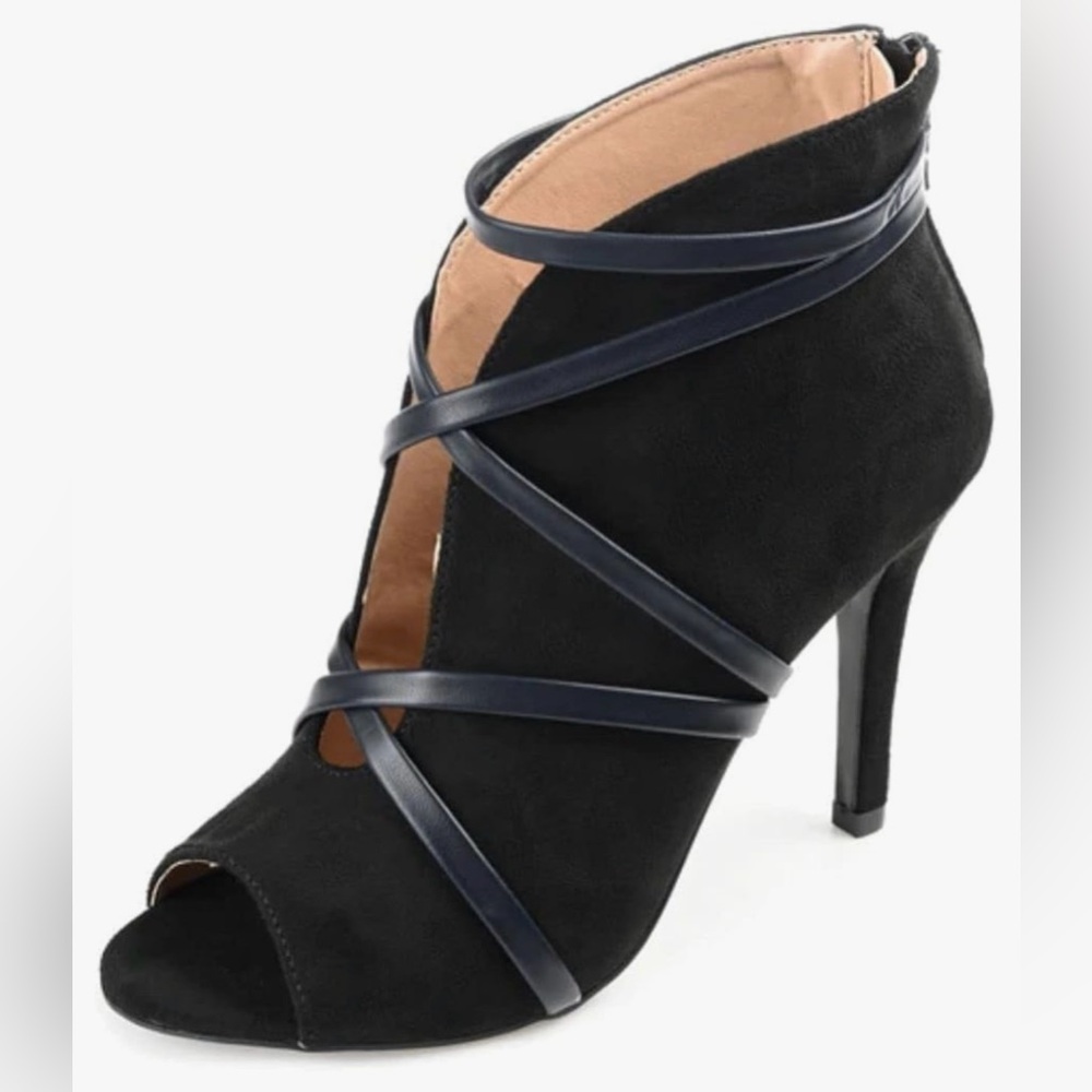 Journee Collection Black Strappy Peep Toe Booties, Size 7.5 Original Packaging